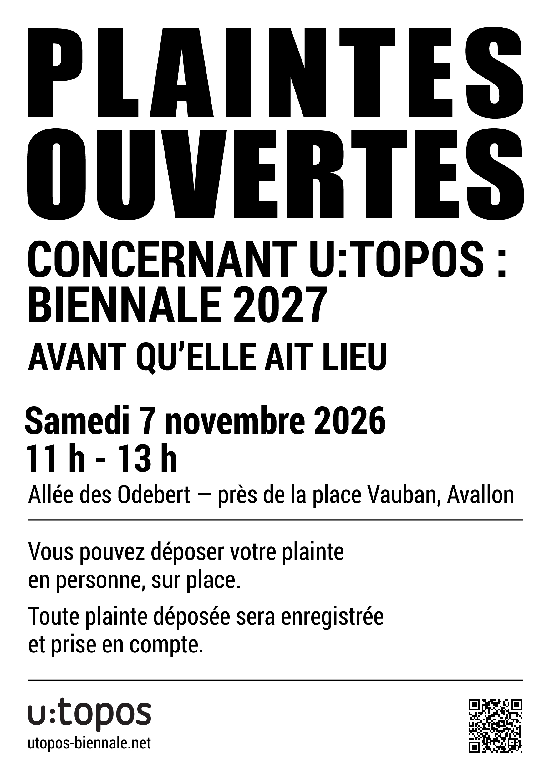 Plaintes ouvertes concernant U:TOPOS : BIENNALE 2027